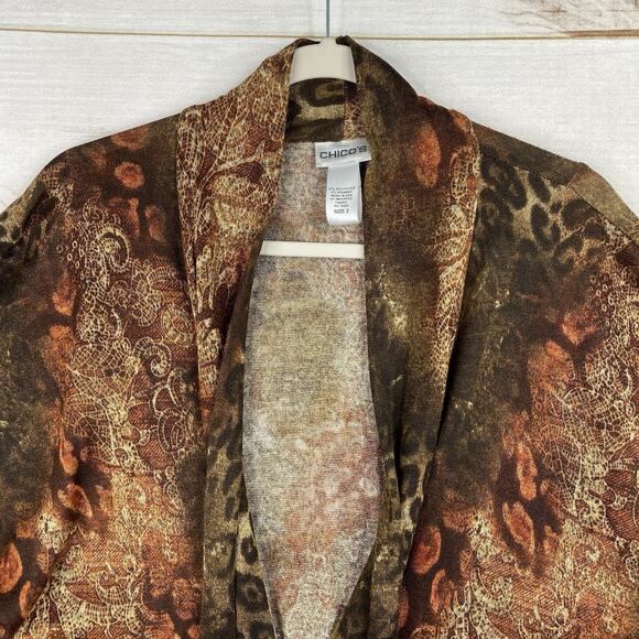 Chico's Cardigan Sz 2 L Brown Animal Print Tie Front USA Made Retro 90s Y2K Knit - Picture 2 of 10